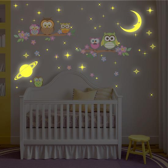 owl tree with glow in the dark moon and stars wall decal| art