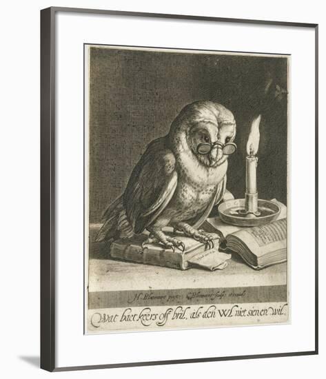 Owl with glasses and books, c. 1625-Cornelis Bloemaert (II)-Framed Art Print