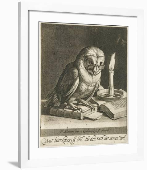 Owl with glasses and books, c. 1625-Cornelis Bloemaert (II)-Framed Art Print