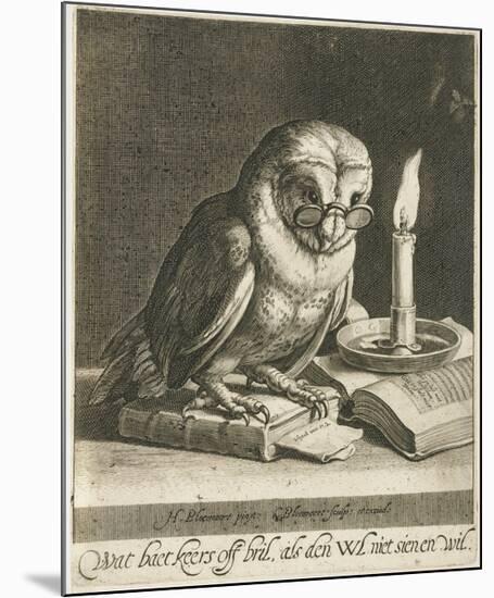 Owl with glasses and books, c. 1625-Cornelis Bloemaert (II)-Mounted Art Print