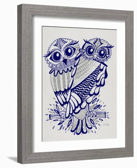 Owls in Navy and Silver-Cat Coquillette-Framed Art Print