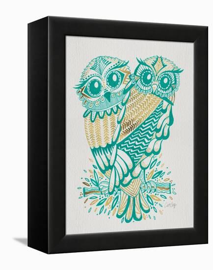 Owls in Turquoise and Gold-Cat Coquillette-Framed Stretched Canvas