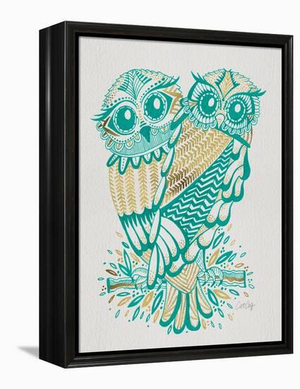 Owls in Turquoise and Gold-Cat Coquillette-Framed Stretched Canvas