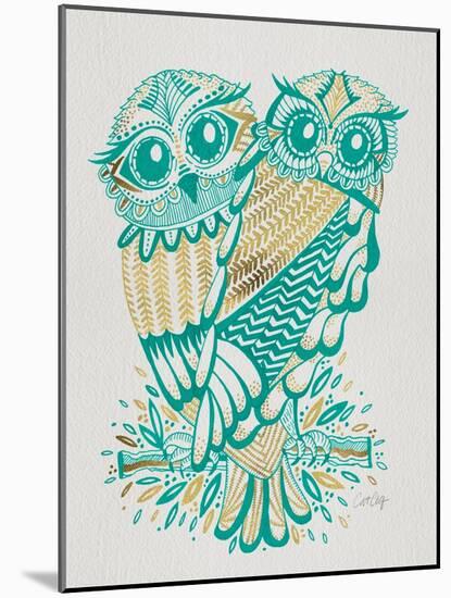Owls in Turquoise and Gold-Cat Coquillette-Mounted Art Print