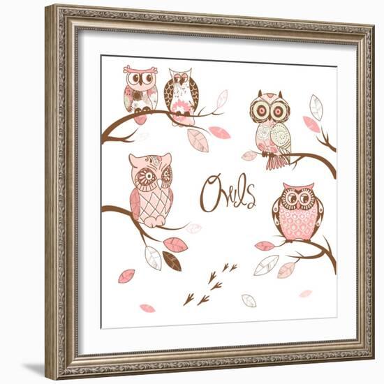 Owls, Trendy Card with Owls Sitting on the Brunches-Alisa Foytik-Framed Art Print