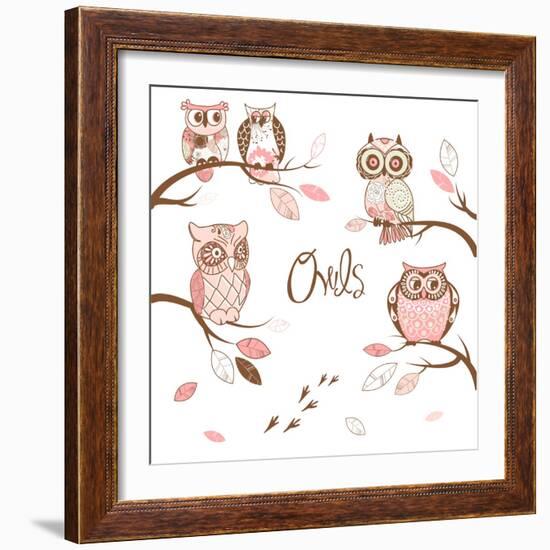 Owls, Trendy Card with Owls Sitting on the Brunches-Alisa Foytik-Framed Art Print