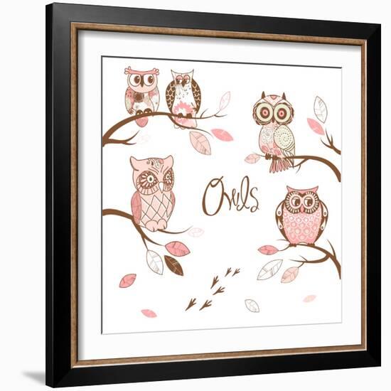 Owls, Trendy Card with Owls Sitting on the Brunches-Alisa Foytik-Framed Art Print