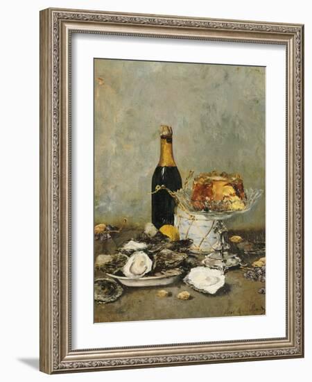 Oysters, Cake and a Bottle of Champagne, 1891-Victor Morenhout-Framed Giclee Print