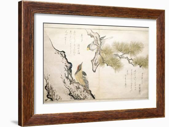 P.332-1946 Vol.1 F.3 Hawfinch and a Woodpecker, from an Album 'Birds Compared in Humorous Songs',…-Kitagawa Utamaro-Framed Giclee Print