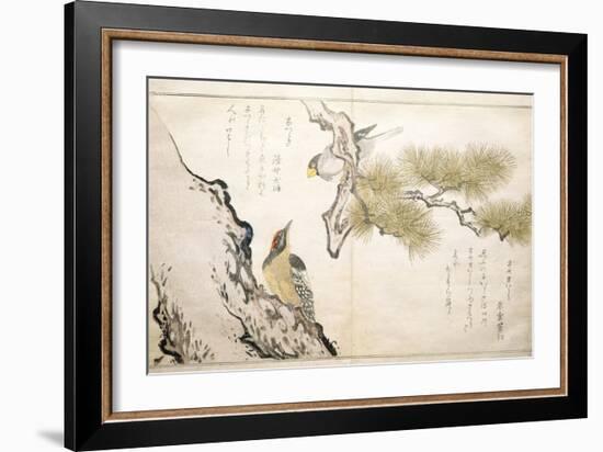 P.332-1946 Vol.1 F.3 Hawfinch and a Woodpecker, from an Album 'Birds Compared in Humorous Songs',…-Kitagawa Utamaro-Framed Giclee Print