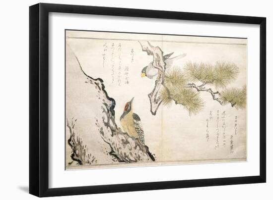 P.332-1946 Vol.1 F.3 Hawfinch and a Woodpecker, from an Album 'Birds Compared in Humorous Songs',…-Kitagawa Utamaro-Framed Giclee Print