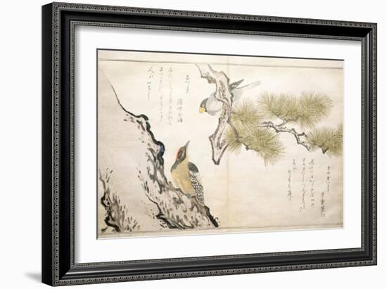 P.332-1946 Vol.1 F.3 Hawfinch and a Woodpecker, from an Album 'Birds Compared in Humorous Songs',…-Kitagawa Utamaro-Framed Giclee Print