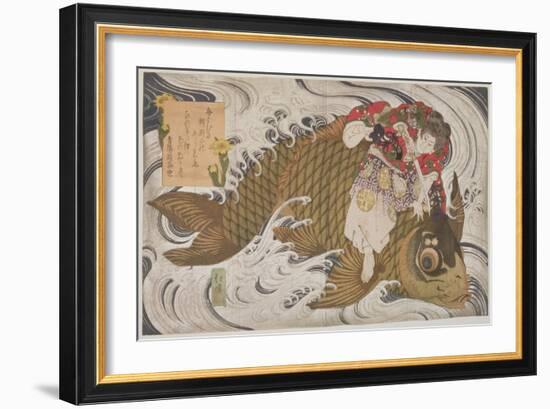 P.375-1937 Oniwaka Mara (Little Demon) Overcoming a Giant Carp, Surimono Diptych, Scene from the…-Toyota Hokkei-Framed Giclee Print