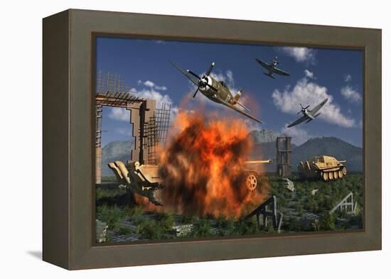 P-47 Thunderbolts Attacking German Jagdpanther Tanks During World War Ii-null-Framed Stretched Canvas