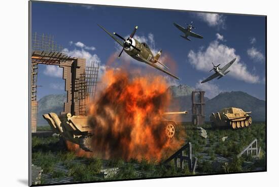 P-47 Thunderbolts Attacking German Jagdpanther Tanks During World War Ii-null-Mounted Art Print