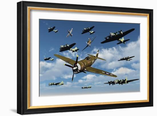 P-47 Thunderbolts Escorting B-17 Flying Fortress Bombers-null-Framed Art Print