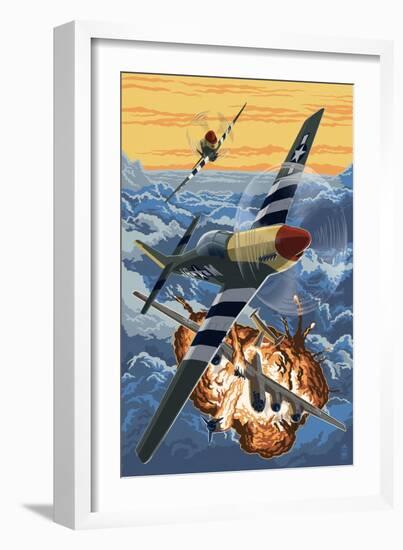 P-51 Mustang Mission with Bomber (Image Only)-Lantern Press-Framed Art Print
