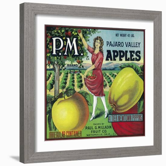 P.M. Apple Crate Label - Watsonville, CA-Lantern Press-Framed Art Print