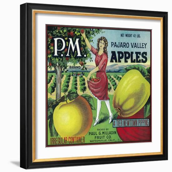 P.M. Apple Crate Label - Watsonville, CA-Lantern Press-Framed Art Print