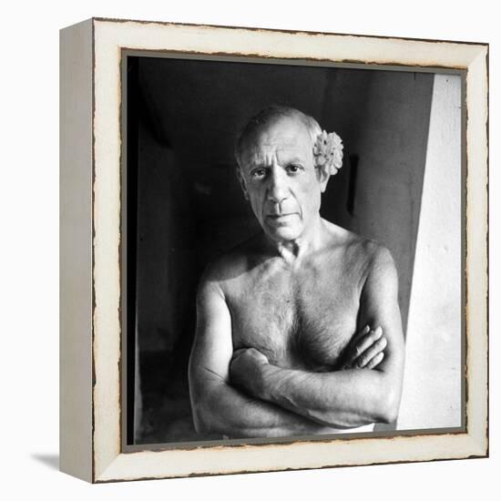 Pablo Picasso, Bare Chested and with Flower Tucked Behind Ear-Gjon Mili-Framed Premier Image Canvas