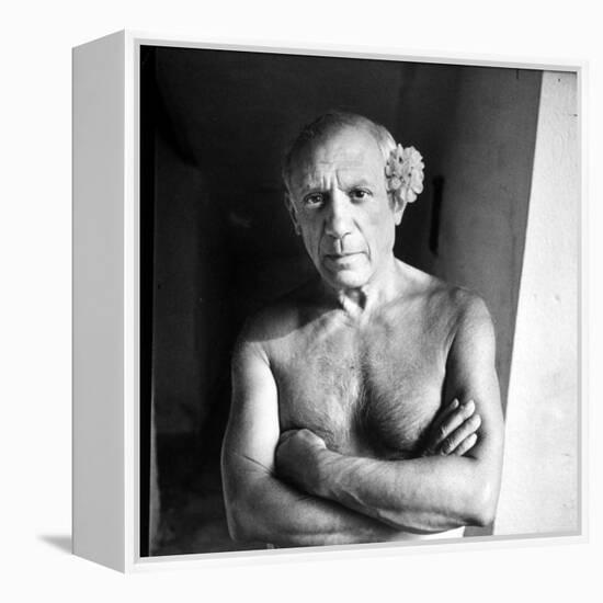 Pablo Picasso, Bare Chested and with Flower Tucked Behind Ear-Gjon Mili-Framed Premier Image Canvas