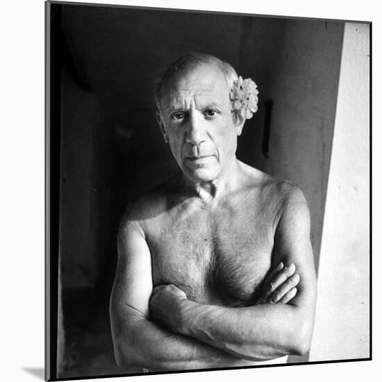 Pablo Picasso, Bare Chested and with Flower Tucked Behind Ear-Gjon Mili-Mounted Premium Photographic Print