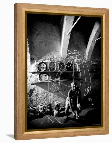 Pablo Picasso Drawing a Centaur in the Air with a Flashlight at Madoura Pottery-Gjon Mili-Framed Premier Image Canvas