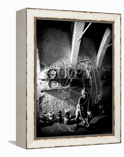 Pablo Picasso Drawing a Centaur in the Air with a Flashlight at Madoura Pottery-Gjon Mili-Framed Premier Image Canvas