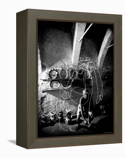 Pablo Picasso Drawing a Centaur in the Air with a Flashlight at Madoura Pottery-Gjon Mili-Framed Premier Image Canvas
