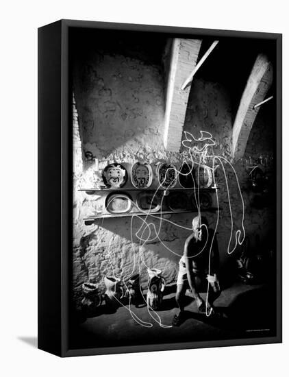 Pablo Picasso Drawing a Centaur in the Air with a Flashlight at Madoura Pottery-Gjon Mili-Framed Premier Image Canvas