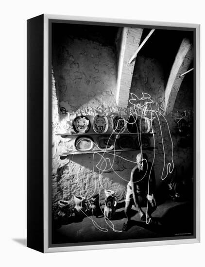 Pablo Picasso Drawing a Centaur in the Air with a Flashlight at Madoura Pottery-Gjon Mili-Framed Premier Image Canvas