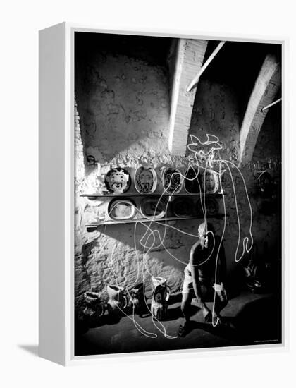 Pablo Picasso Drawing a Centaur in the Air with a Flashlight at Madoura Pottery-Gjon Mili-Framed Premier Image Canvas