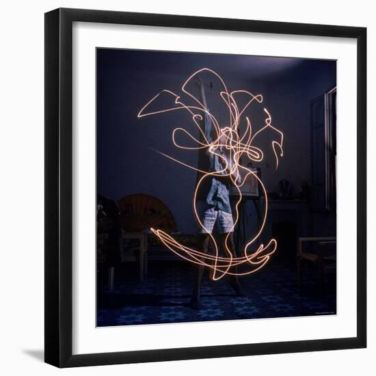 Pablo Picasso Drawing an Image Using a Light Pen-Gjon Mili-Framed Premium Photographic Print