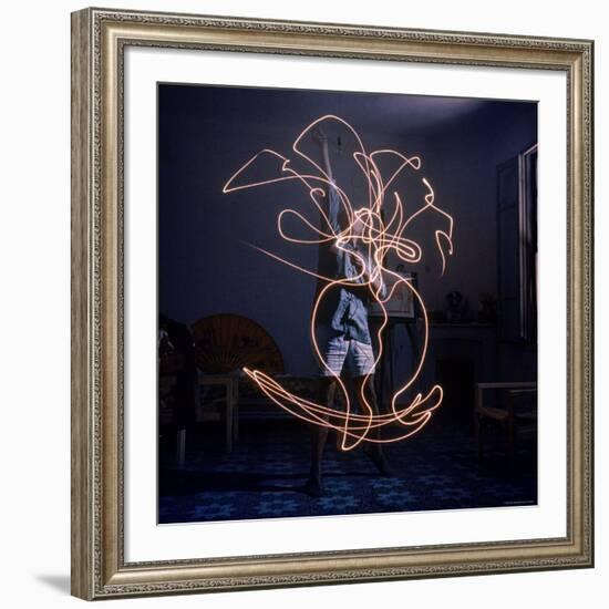 Pablo Picasso Drawing an Image Using a Light Pen-Gjon Mili-Framed Premium Photographic Print