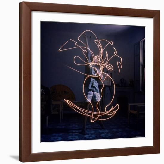 Pablo Picasso Drawing an Image Using a Light Pen-Gjon Mili-Framed Premium Photographic Print