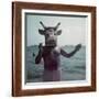 Pablo Picasso Wearing a Cow's Head Mask on Beach at Golfe Juan Near Vallauris-Gjon Mili-Framed Premium Photographic Print