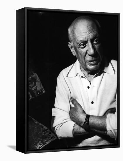 Pablo Picasso with Some of His Paintings in Drawing Room of His Home, Notre Dame de Vie, Alone-Gjon Mili-Framed Premier Image Canvas