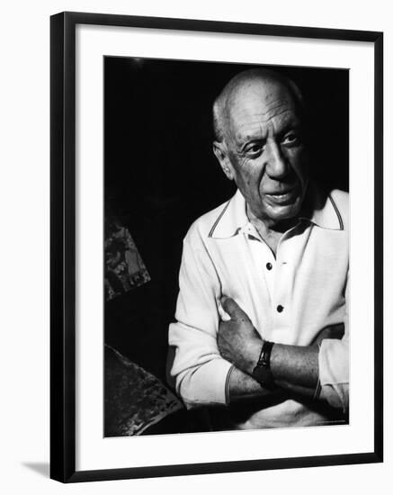 Pablo Picasso with Some of His Paintings in Drawing Room of His Home, Notre Dame de Vie, Alone-Gjon Mili-Framed Premium Photographic Print