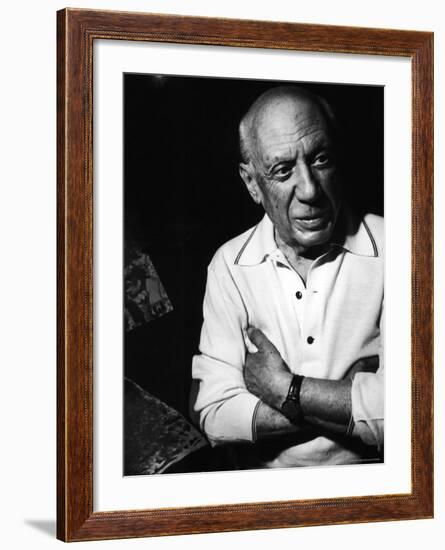 Pablo Picasso with Some of His Paintings in Drawing Room of His Home, Notre Dame de Vie, Alone-Gjon Mili-Framed Premium Photographic Print