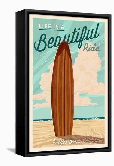 Pacific Beach, California - Life is a Beautiful Ride - Surfboard Letterpress-Lantern Press-Framed Stretched Canvas