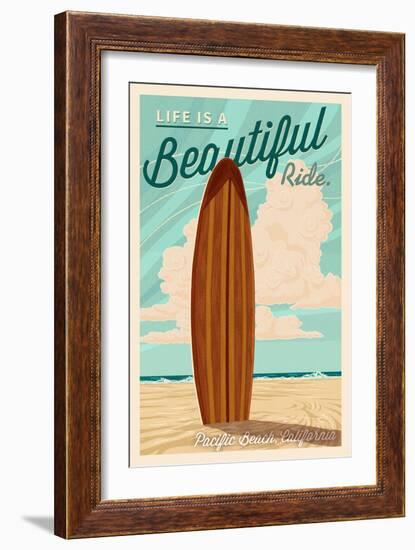 Pacific Beach, California - Life is a Beautiful Ride - Surfboard Letterpress-Lantern Press-Framed Art Print