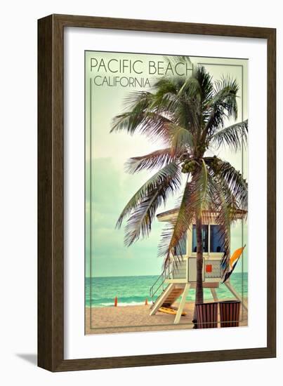 Pacific Beach, California - Lifeguard Shack and Palm-Lantern Press-Framed Art Print