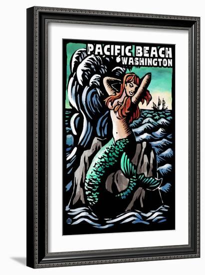 Pacific Beach, Washington - Mermaid - Scratchboard-Lantern Press-Framed Art Print