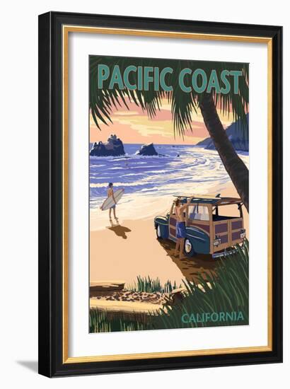 Pacific Coast, California - Woody on Beach-Lantern Press-Framed Art Print