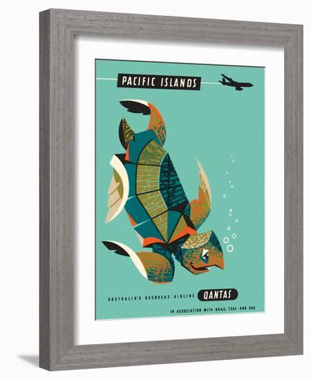 Pacific Islands - Qantas Airways - Green Sea Turtle - Vintage Airline Travel Poster, 1960s-Harry Rogers-Framed Art Print