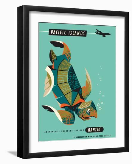 Pacific Islands - Qantas Airways - Green Sea Turtle - Vintage Airline Travel Poster, 1960s-Harry Rogers-Framed Art Print