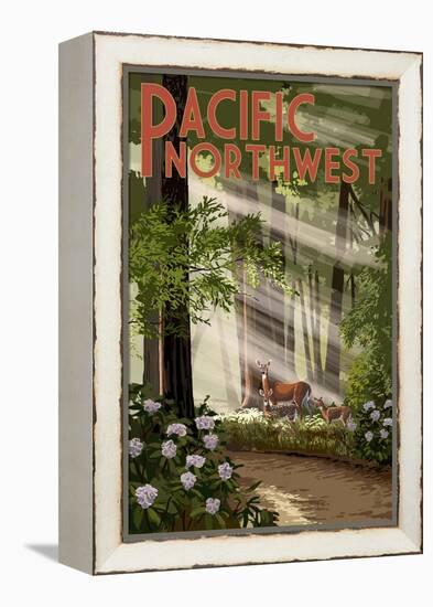 Pacific Northwest - Deer in Forest-Lantern Press-Framed Stretched Canvas