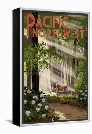 Pacific Northwest - Deer in Forest-Lantern Press-Framed Stretched Canvas