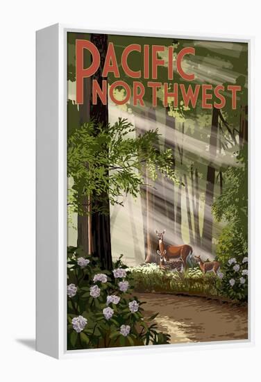 Pacific Northwest - Deer in Forest-Lantern Press-Framed Stretched Canvas