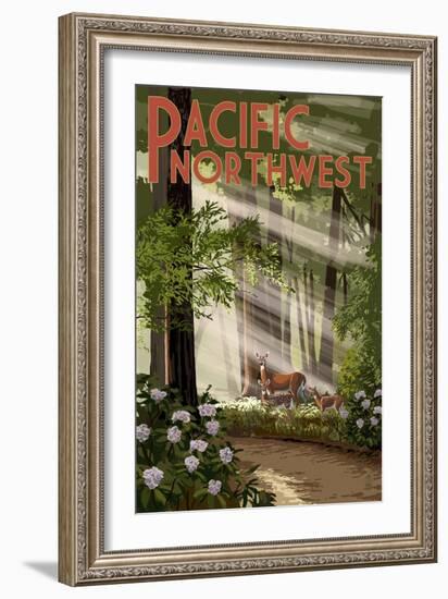 Pacific Northwest - Deer in Forest-Lantern Press-Framed Art Print